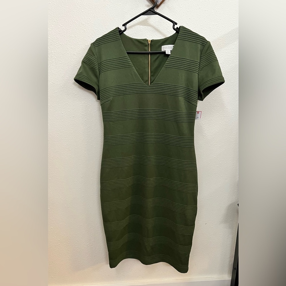 Bisou Bisou by Michele Bohbot Olive Green Bodycon Dress V-Neck | SZ 10 | NWT